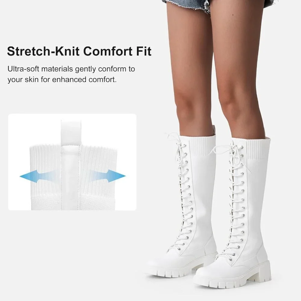 Women's White 953 Chunky Platform Heel Lace Gothic Knee High Combat Boots